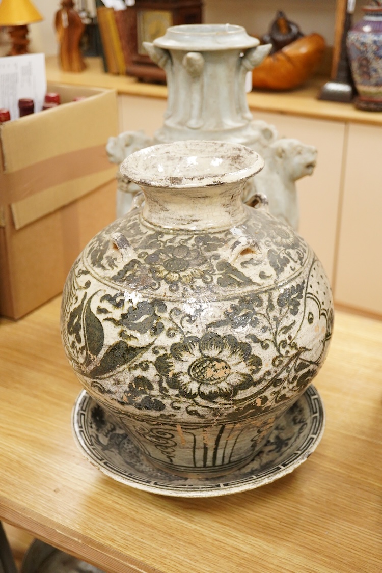 A Thai underglaze black large jar and a similar Dragon bowl